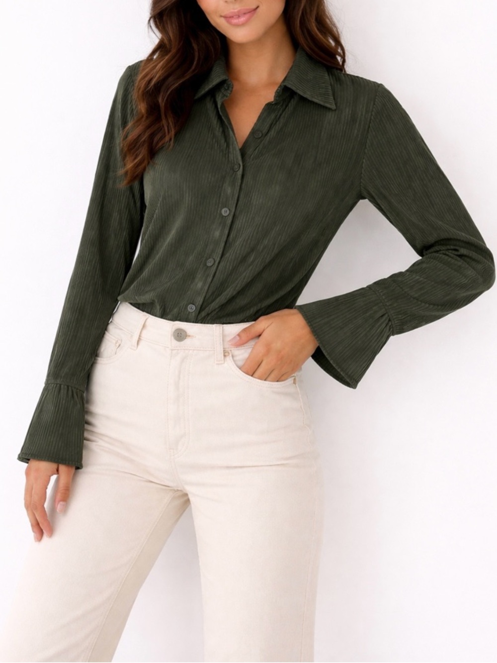 Reformation Green Pleated Satin Button Up Long Sleeve Bell Cuff Blouse Size XS